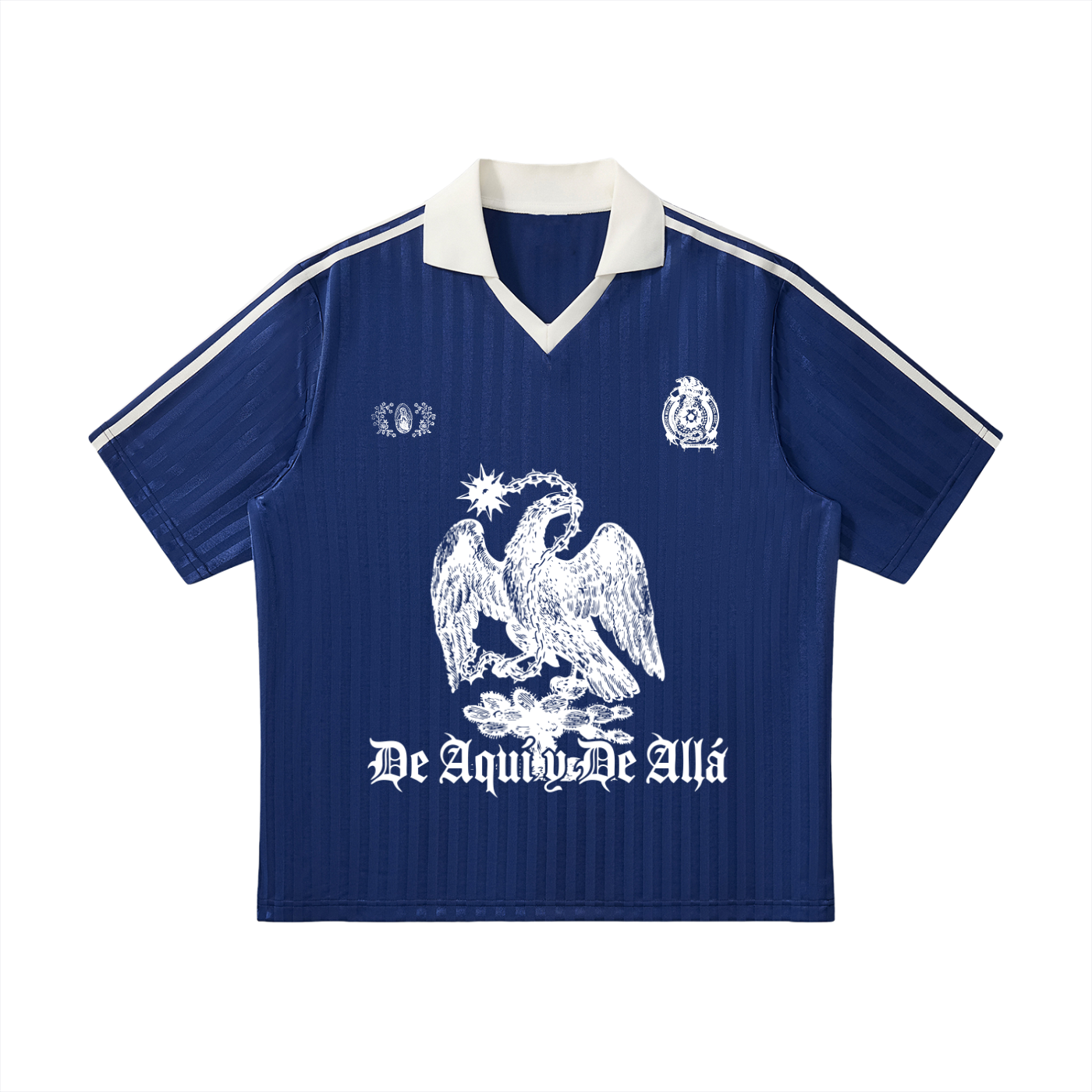 Blue sports jersey with white eagle emblem and text on a white background