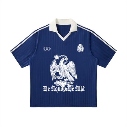 Blue sports jersey with white eagle emblem and text on a white background